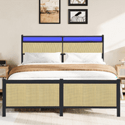 UHOMEPRO Queen Platform Bed Frame with Charging Station, Metal Bed Frame with Storage Headboard and LED Strips, No Box Spring Needed, Easy Assembly